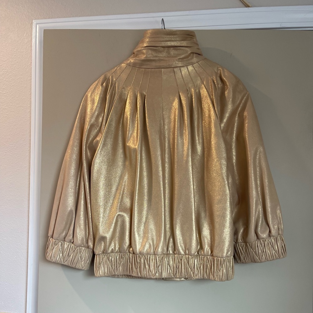 St. John 100% Lambs Leather and Silk Gold Bomber Jacket Women's M Like New - Picture 4 of 9